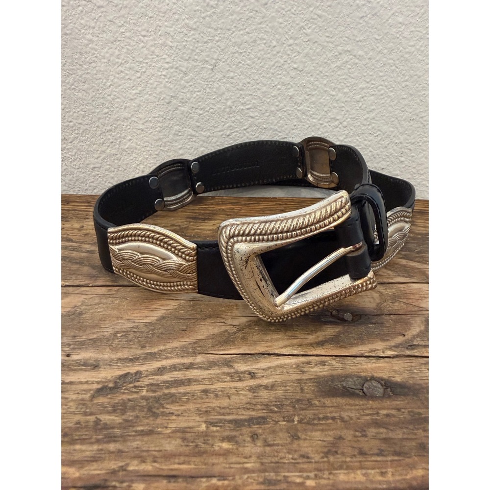 Vintage Fossil Black Leather Western Concho Belt Silver BT770400101 Small